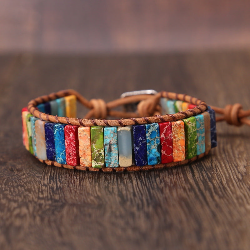 Pulseira de Couro com Wrap de Jasper Arco-íris Olívia Boutique Joias